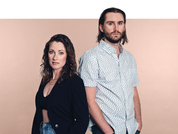 Headshot of Andrew and Kristen Camp against a pale pink background