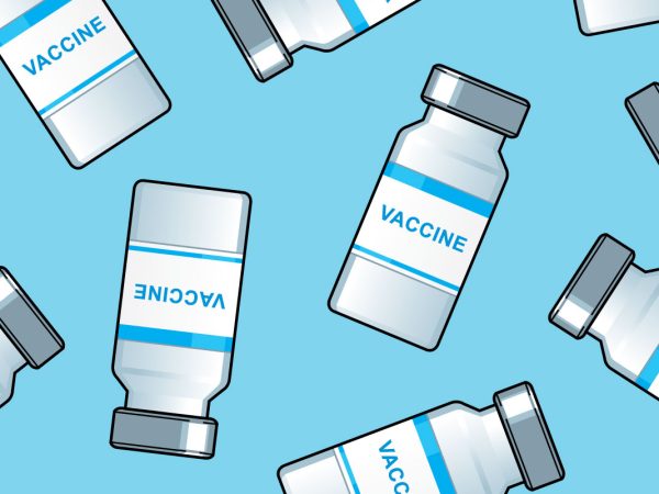illustration of a bunch of vaccine bottles with blue background
