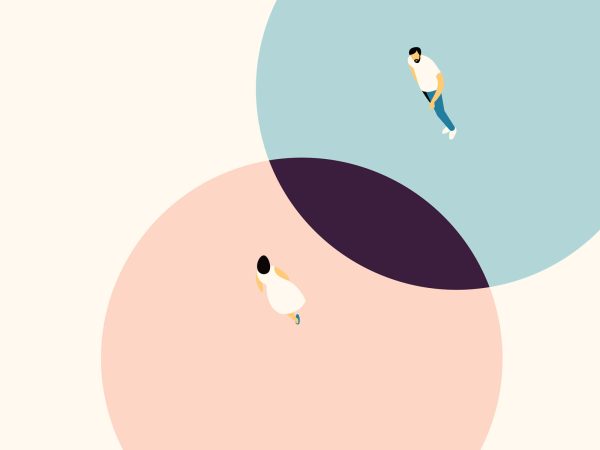 Celebrating Similarities and Differences illustrated with two overlapping circles containing two unique individual in sketched style