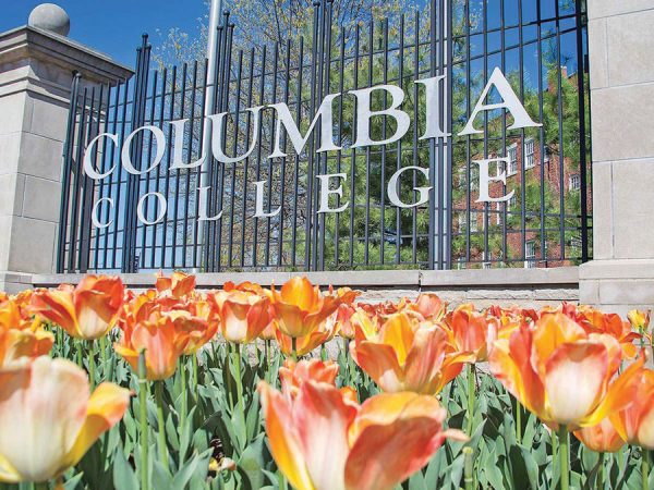 columbia-college-sign-with-tulips-in-the-front