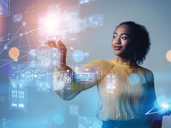 women holding an tablet and taping on virtual 3d effects Digital Transformation Concept
