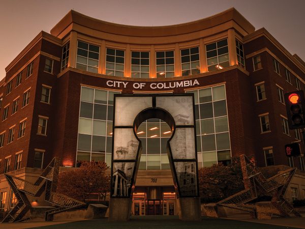 Exterior Shot Of Columbia Missouri City Hall at dusk