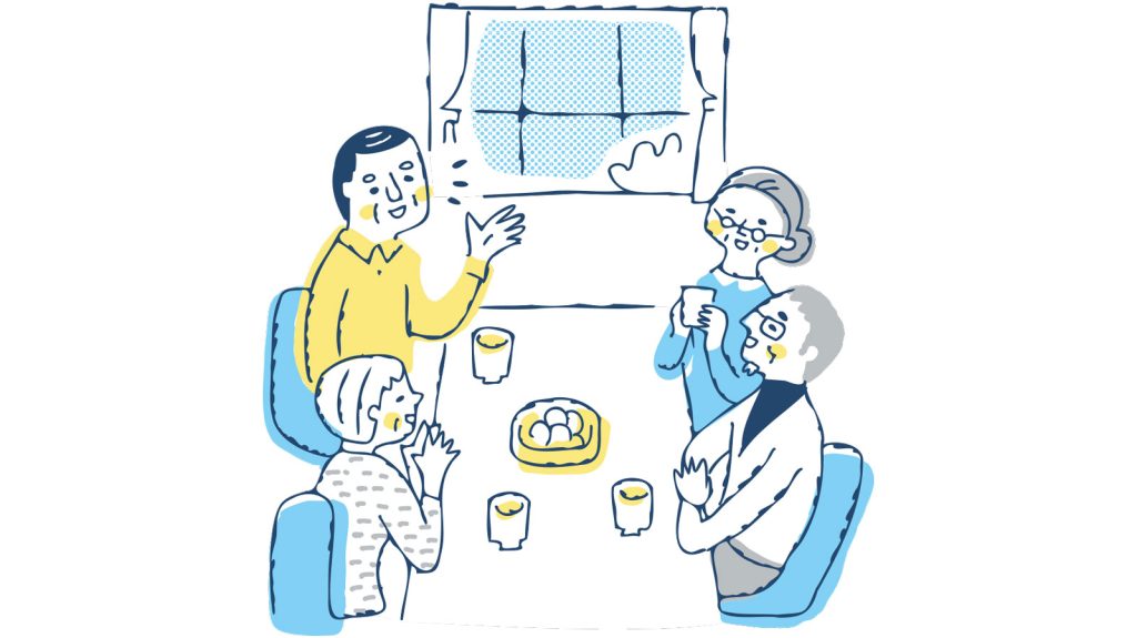 Illustration of adults talking with older adults and drinking coffee while sitting at a kitchen table in front of a window