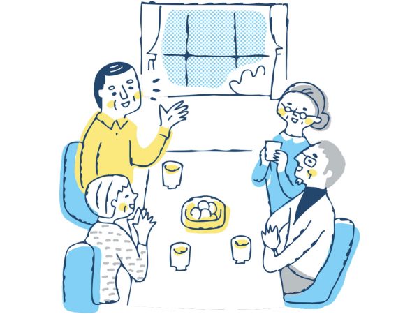 Illustration of adults talking with older adults and drinking coffee while sitting at a kitchen table in front of a window