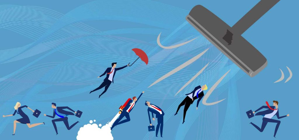 Illustration of businesspeople holding briefcases being pulled upwards by a large vacuum. One person uses a red umbrella to resist. The background is blue with abstract line patterns.