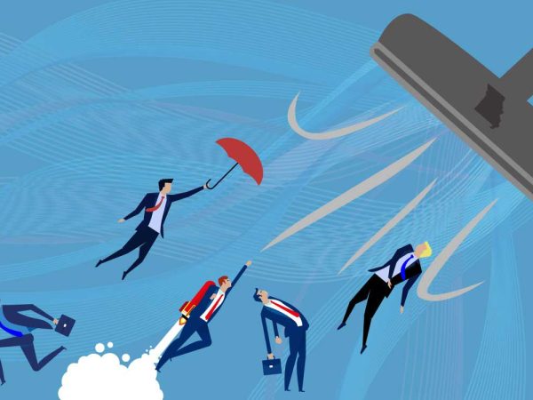 Illustration of businesspeople holding briefcases being pulled upwards by a large vacuum. One person uses a red umbrella to resist. The background is blue with abstract line patterns.