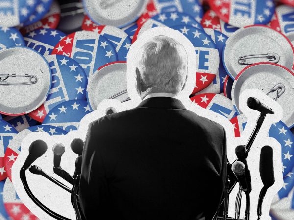 Graphic showing a speaker cutout on top of a pile of VOTE buttons