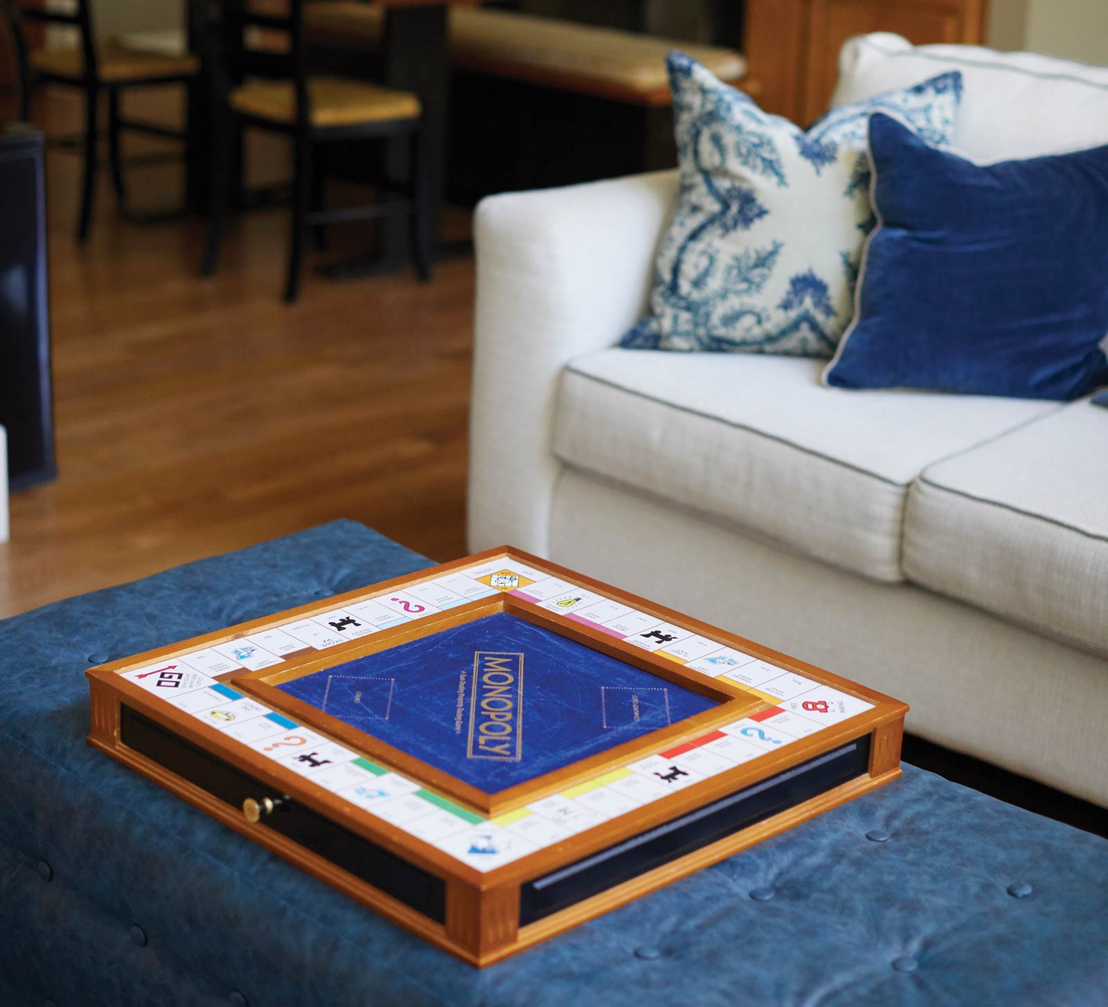 Coffee table with Monopoly in the Coleman house