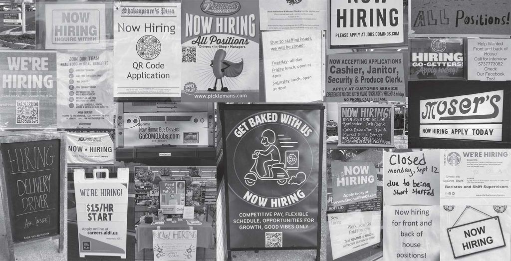 overlapping signs saying "now hiring" from all different places