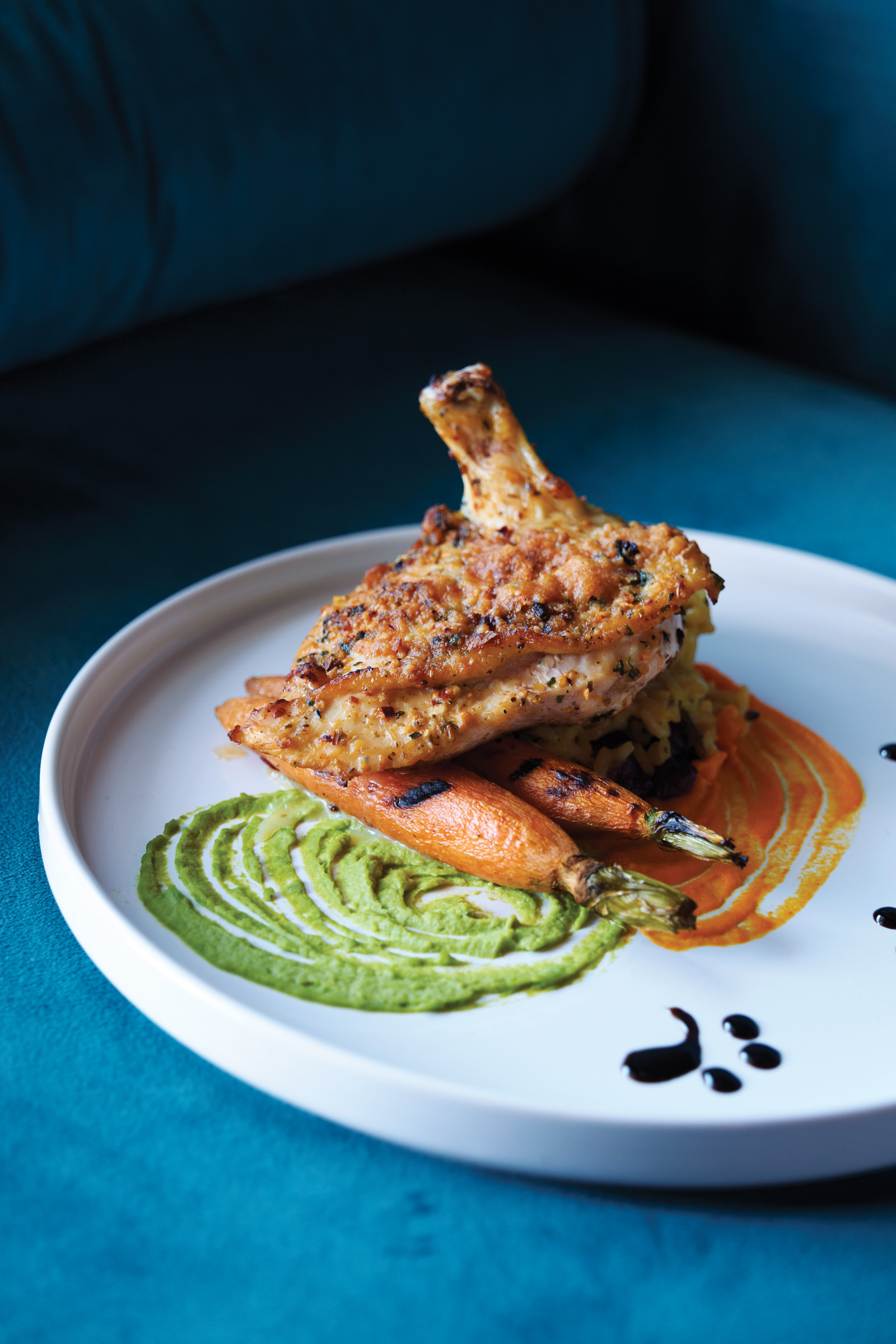 Roasted airline chicken garlic parmesan creme with fall rice pilaf and spiced honey carrots
