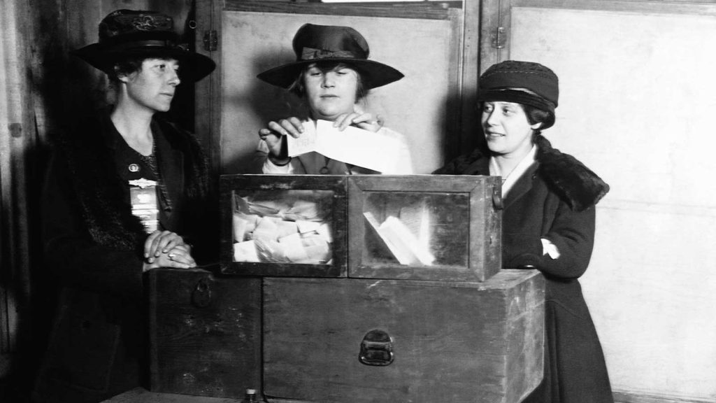 indicating an election or voting process. The scene reflects historical voting practices.