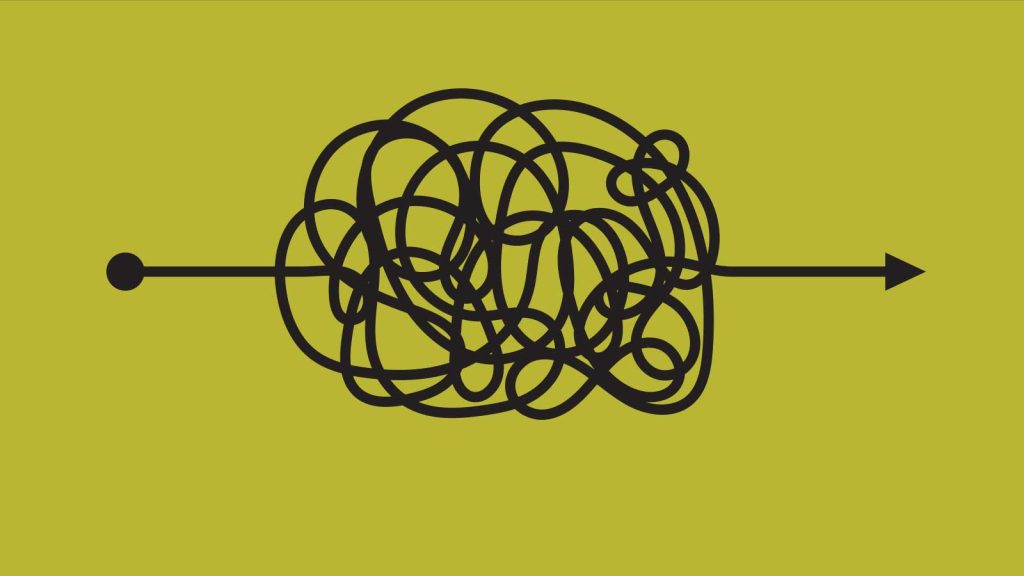 yellow background with a black arrow that is not stright but curves a bunch in the middle