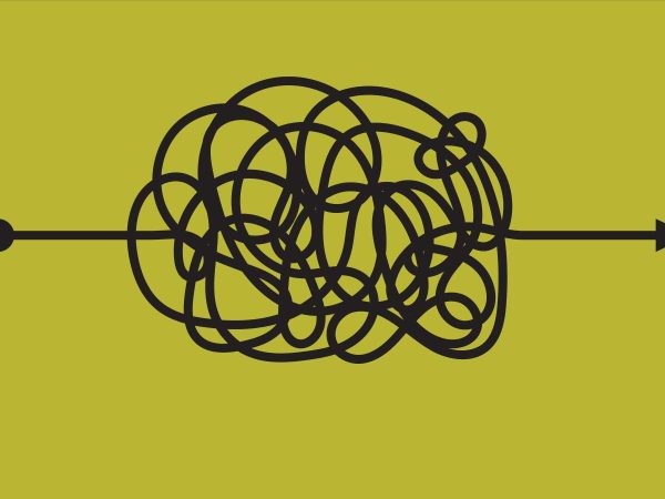 yellow background with a black arrow that is not stright but curves a bunch in the middle