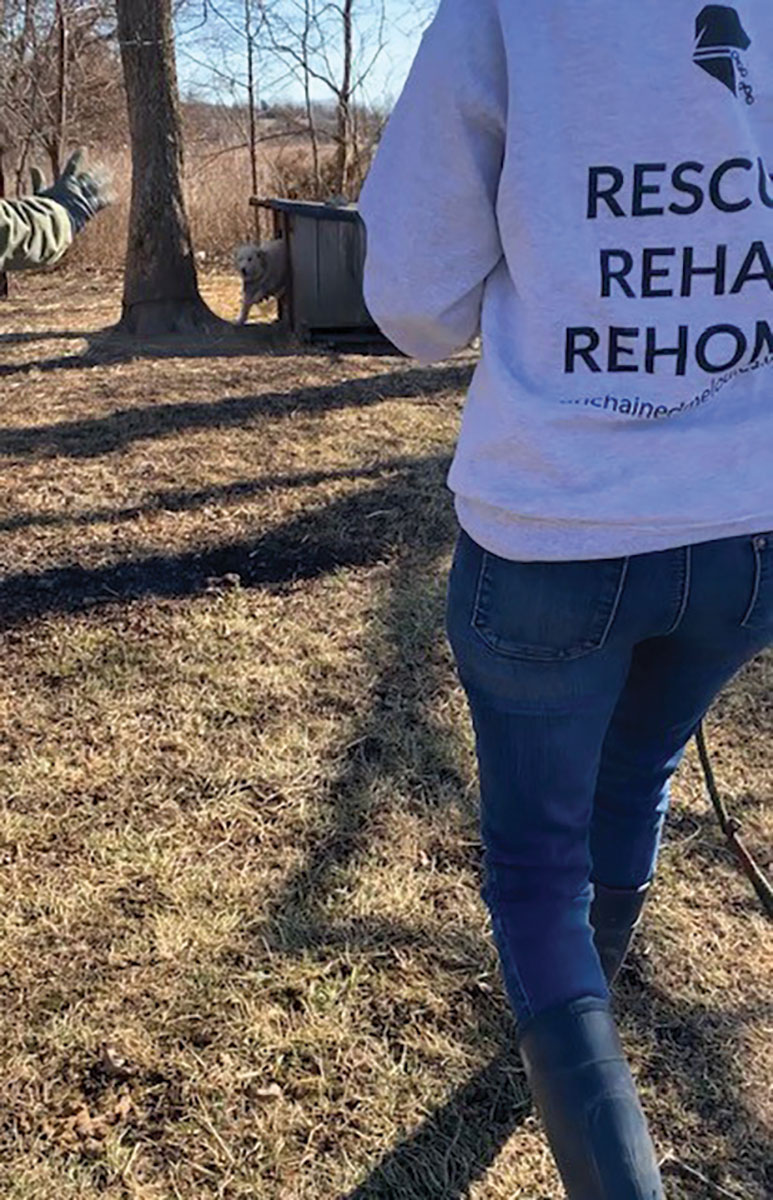 Unchained Melodies volunteers approaching a dog in distress