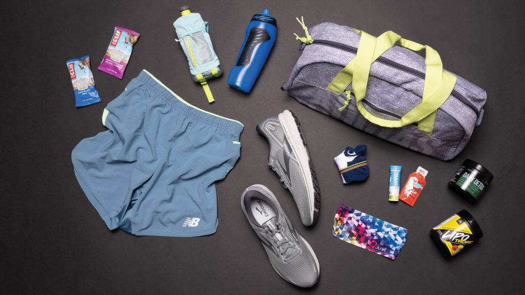 including a pair of gray running shoes