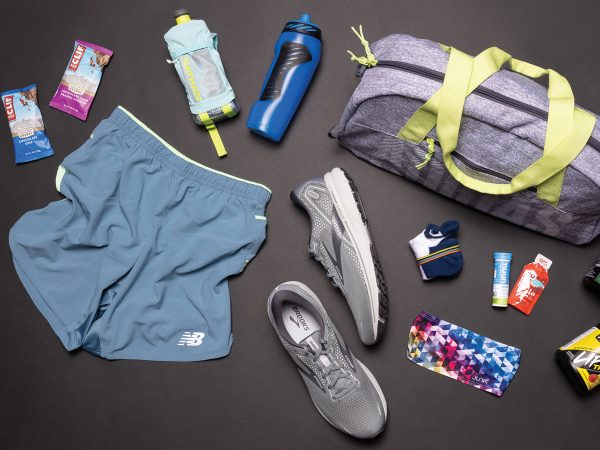 including a pair of gray running shoes