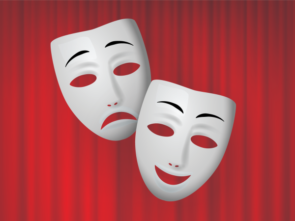 Comedy-tragedy-masks-on-red-stage-curtain
