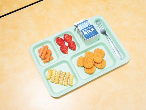 Como-Mag-Gourmet-Lunch-tray-with-carrots-strawberries-chicken-nuggets-and-french-fries