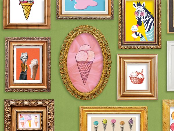 Green-wall-of-framed-illustrations-and-artwork-of-ice-cream
