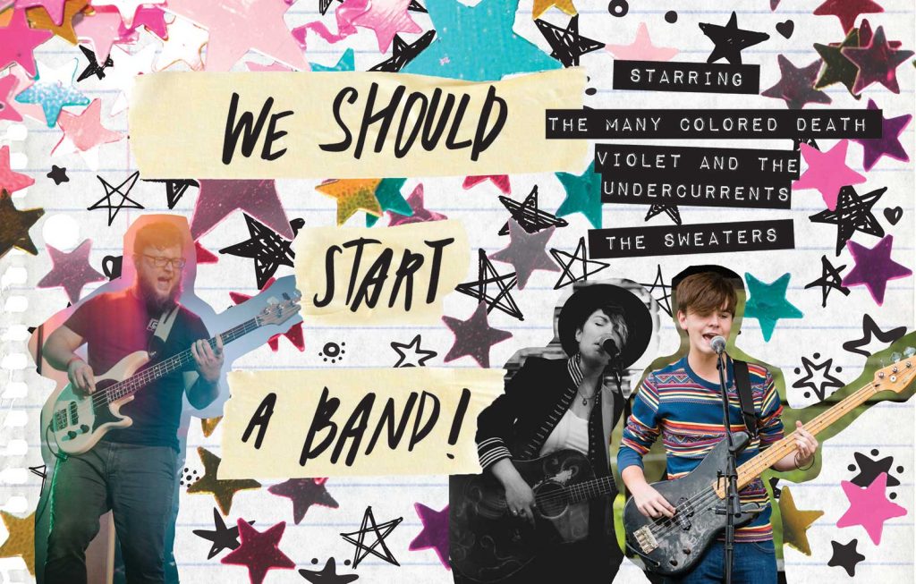 with colorful stars and shapes in the background. Text reads: We Should Start a Band! and lists The Many Colored Death