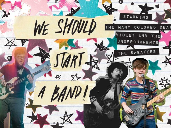 with colorful stars and shapes in the background. Text reads: We Should Start a Band! and lists The Many Colored Death