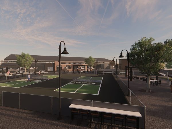 grill and games" restaurant and outdoor spaces|close up 3D renderings of the exterior of a building called "the kitchen