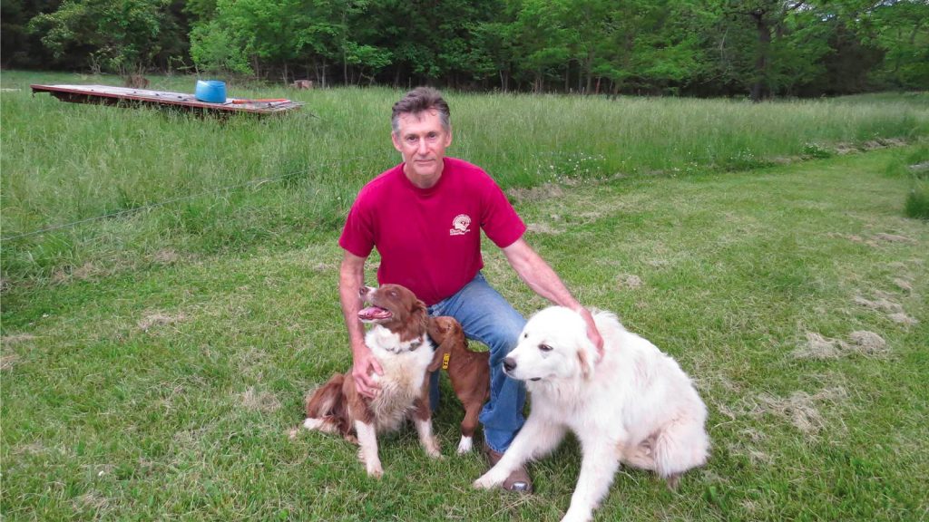 surrounded by a brown dog and a white dog. The dogs are sitting close to him. A wooden structure with a blue barrel is visible in the background amid trees and greenery.|A brown and white dog with fluffy fur stands in a grassy field. It holds a toy in its mouth and looks to the right. In the background