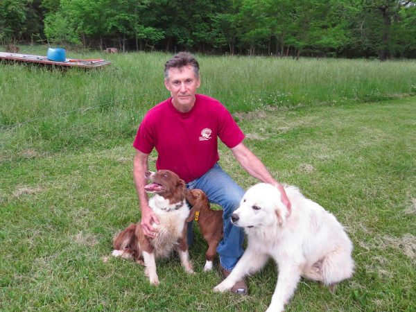 surrounded by a brown dog and a white dog. The dogs are sitting close to him. A wooden structure with a blue barrel is visible in the background amid trees and greenery.|A brown and white dog with fluffy fur stands in a grassy field. It holds a toy in its mouth and looks to the right. In the background