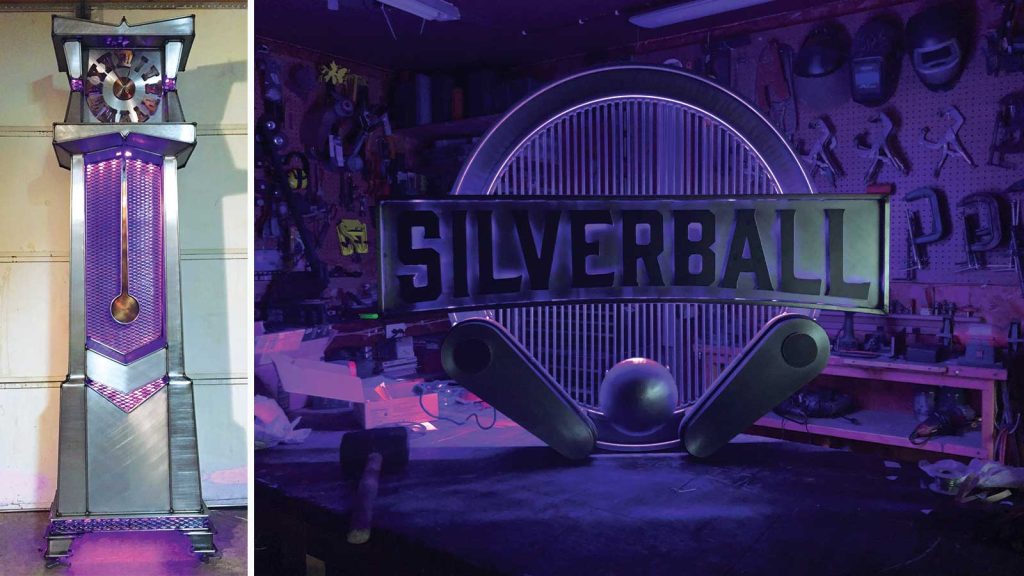 futuristic purple and silver structure with a circular element and geometric patterns. Right: A decorative sign featuring the word Silverball in bold letters