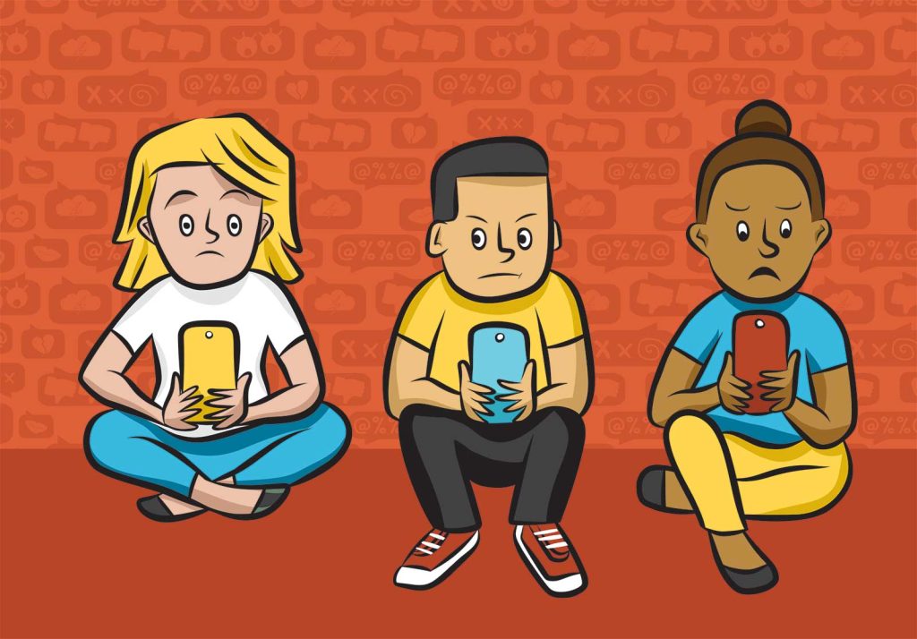 engrossed in their smartphones. The background features orange bricks with various symbols. They wear casual clothes and appear focused on their devices.|A person sits on a large smartphone