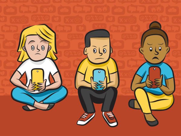 engrossed in their smartphones. The background features orange bricks with various symbols. They wear casual clothes and appear focused on their devices.|A person sits on a large smartphone