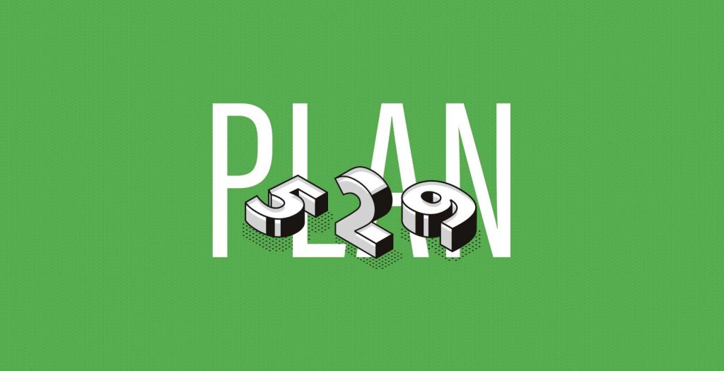 3D style overlaid on it. The background is a solid green color.|Bold text on a green background reads PLAN 529 with 3D effects on the numbers. Below