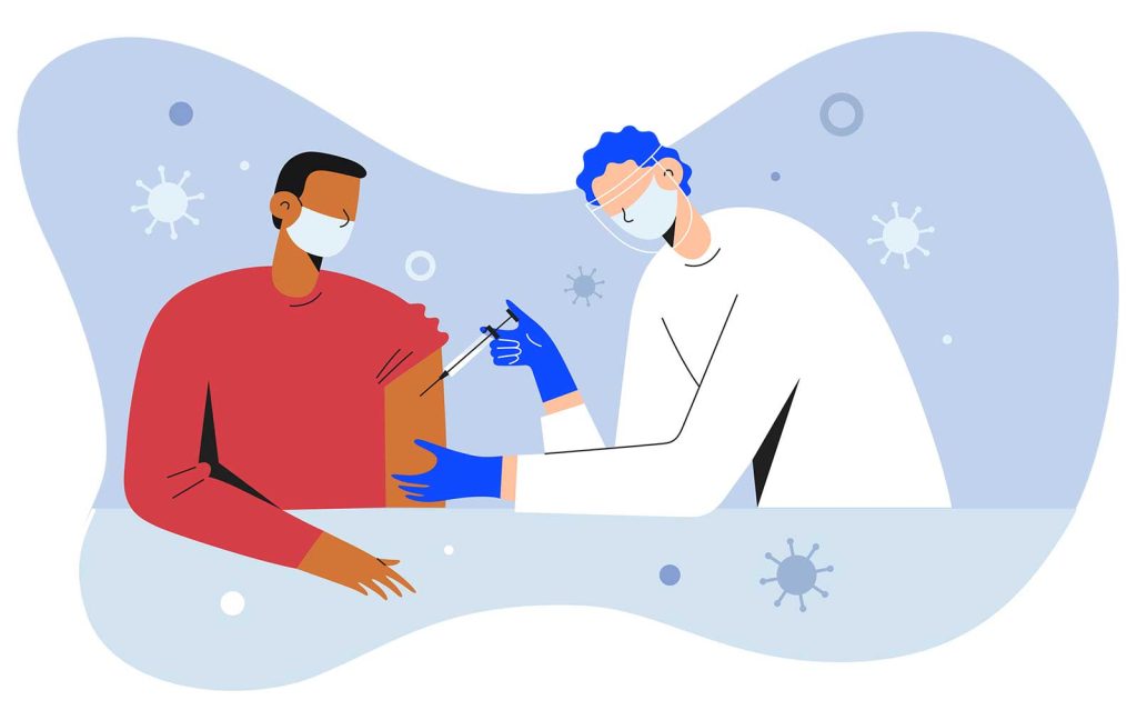 with a blue background featuring virus icons.|Illustration of diverse people of various ages and styles waiting in line