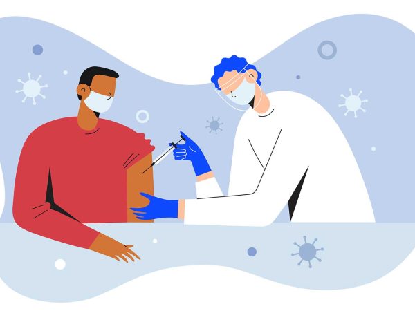 with a blue background featuring virus icons.|Illustration of diverse people of various ages and styles waiting in line