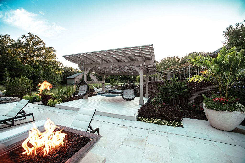 backyard-pergola with a fire pit and flames
