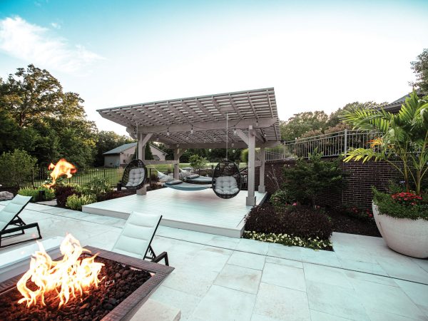 backyard-pergola with a fire pit and flames