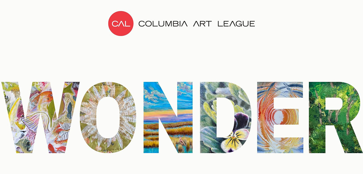 This illustration shows the Columbia Art League logo and the word WONDER, spelled in letters designed with colorful photographs in the letter frames.