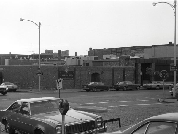 Old, black and white photo of the outside of the historic Harpo's in downtown Columbia, MO