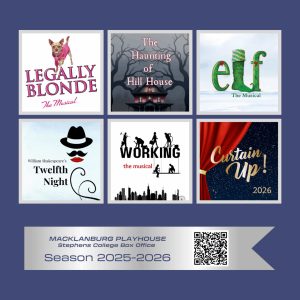 This graphic shows upcoming productions at Macklanburg Playhouse on the campus of Stephens College in Columbia, Missouri.