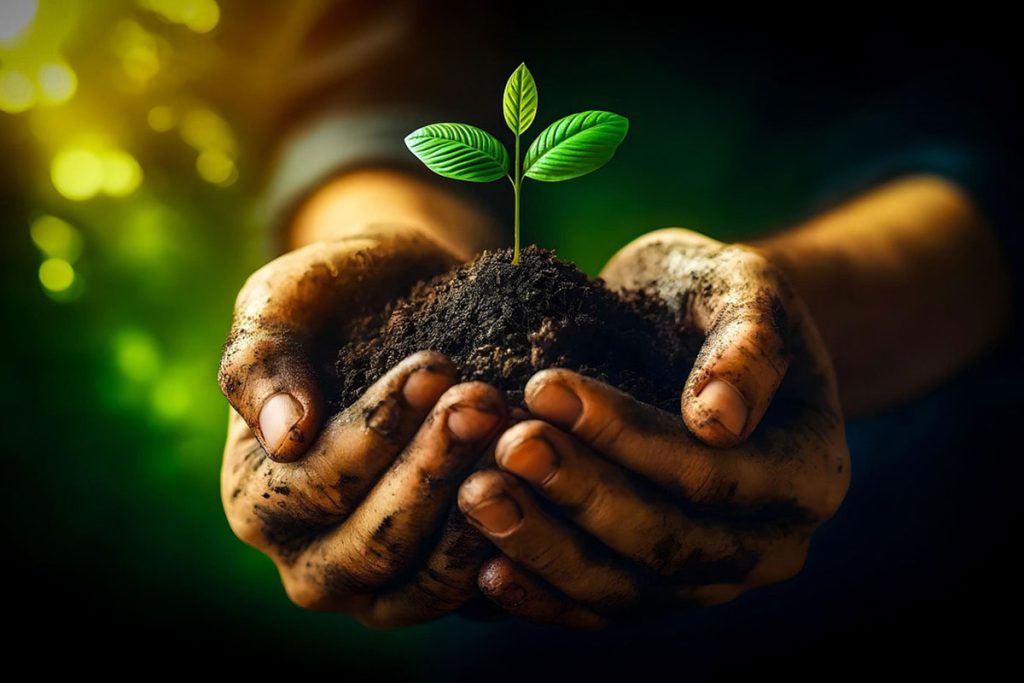 AI generated image of soiled hands gently cupping a tree sprouting from moist dirt.