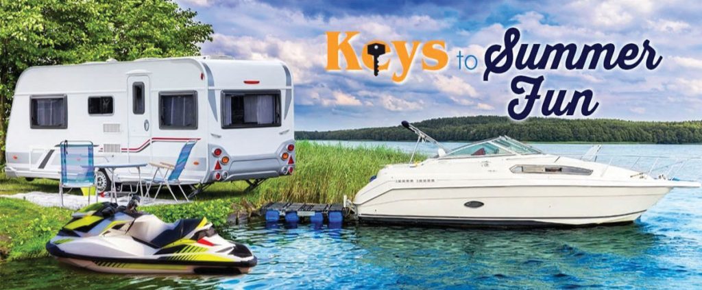 "keys-to-summer-fun", camper and and boat by a lake