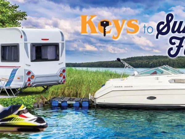 "keys-to-summer-fun", camper and and boat by a lake